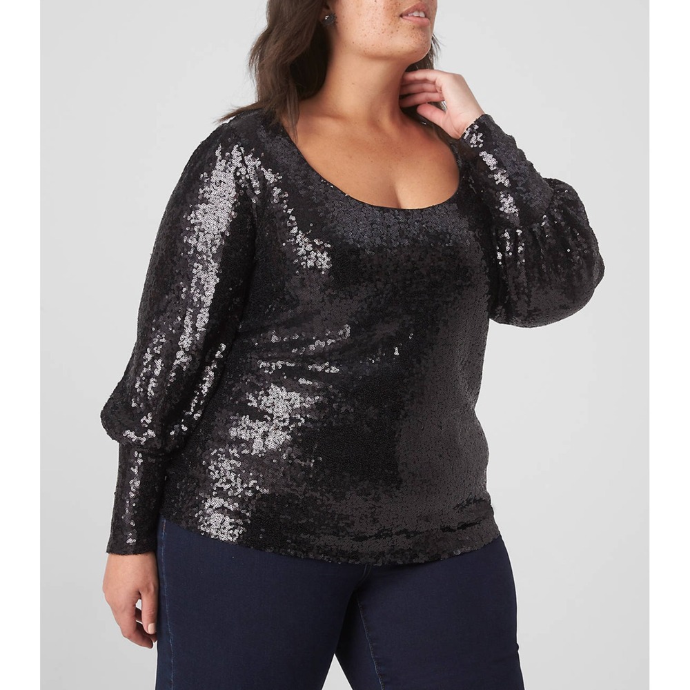 Lane Bryant Sequin Top Womens 20 Black Long Sleeve Scoop Neck Glam Sparkle NWT